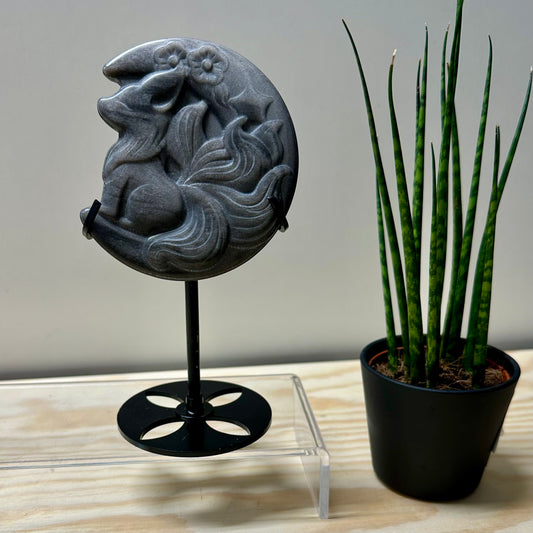 Nine-tailed fox op maan - zilver obsidiaan