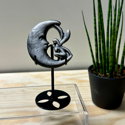 Zilver obsidiaan elfje op maan